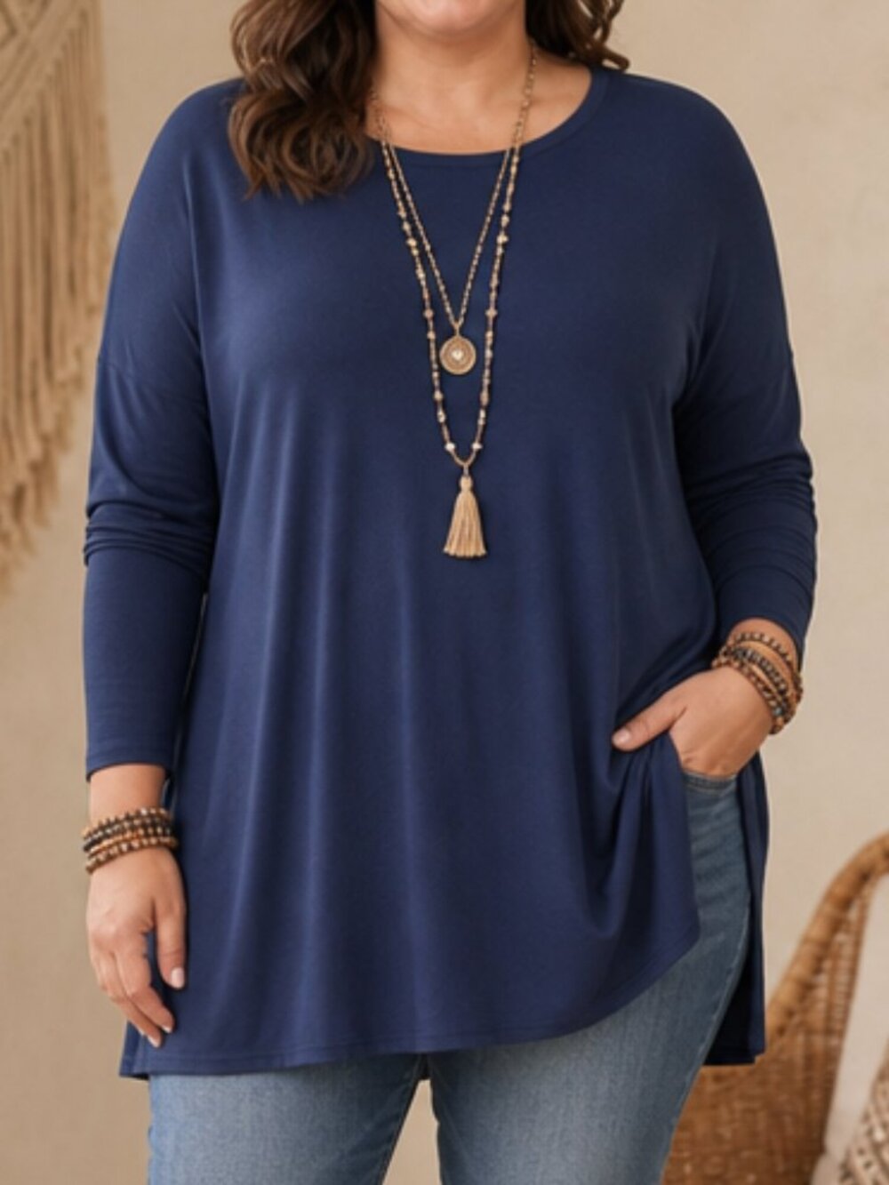 Metaphor Casual Comfy Soft Split Back Blue Top Large